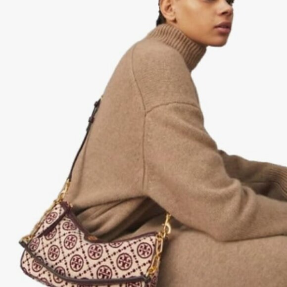 NWT! NEW! Tory Burch T MONOGRAM CHENILLE STUDIO BAG -Claret - Picture 2 of 13